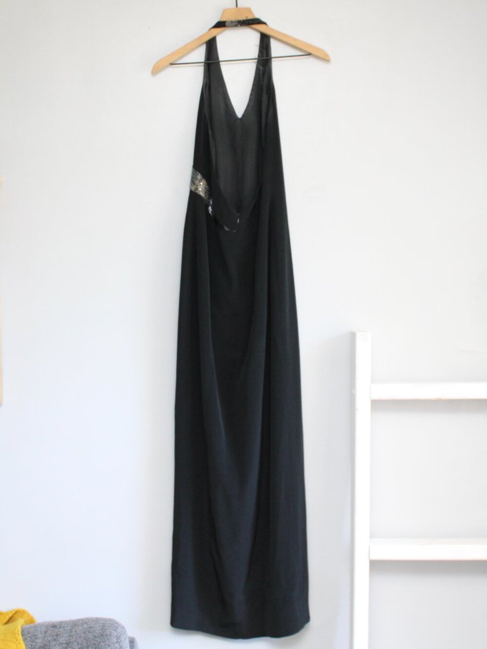 Niteline VTG Y2K Black Silver Beaded Halter Neckline Maxi Formal Dress Size 8 - Picture 2 of 9